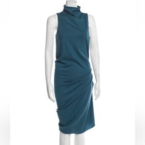 Halston Heritage Mockneck Ruched Wool Midi Dress, Teal, Size 8